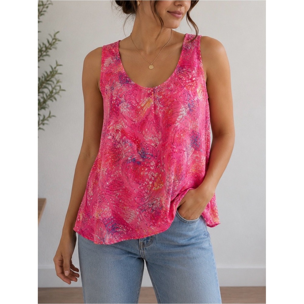 Positive Attitude Blouse Women 10 Pink Excellent Abstract Shell Button Back USA